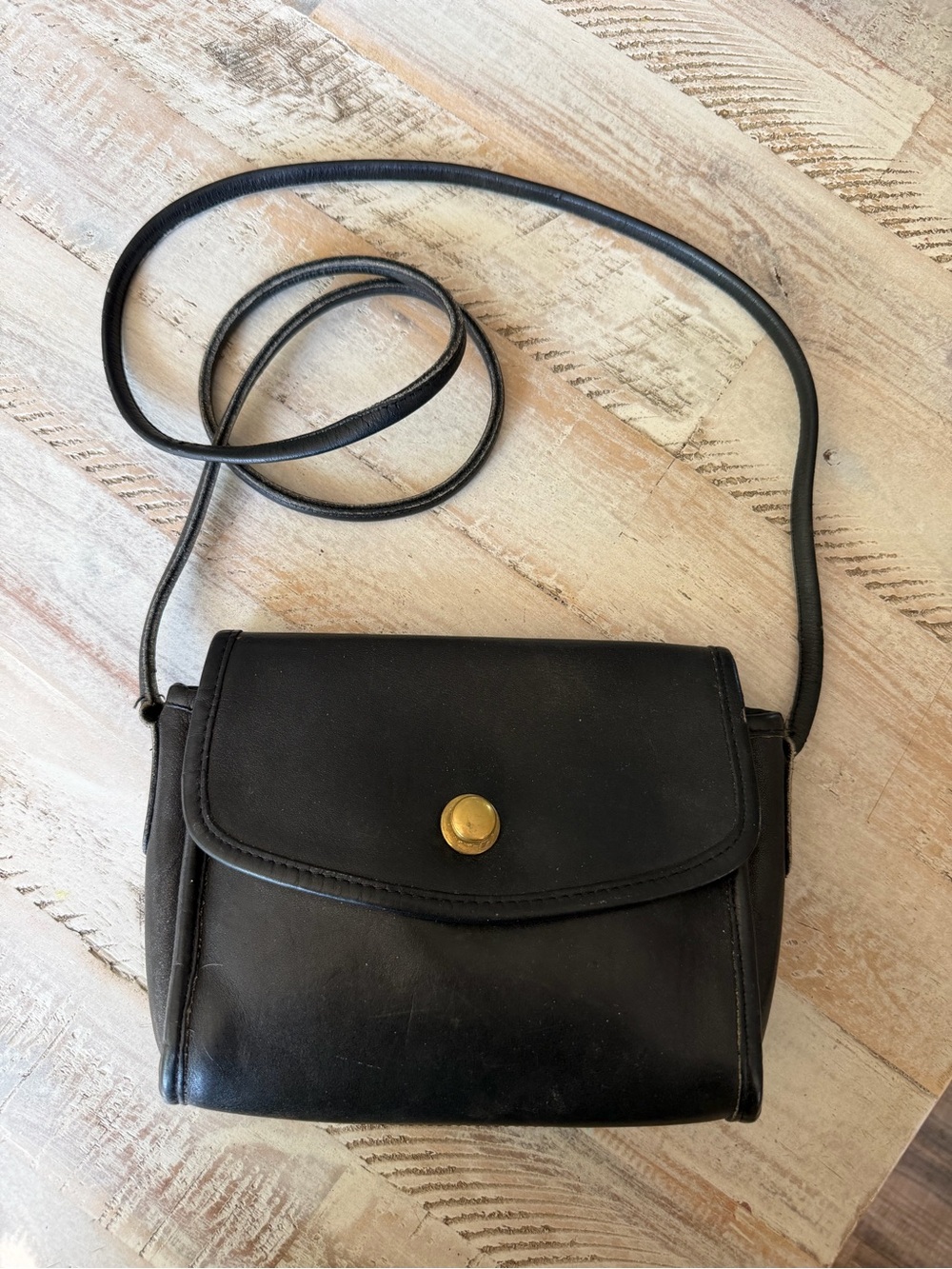 Vintage Coach Black Leather Crossbody Bag with Brass Button